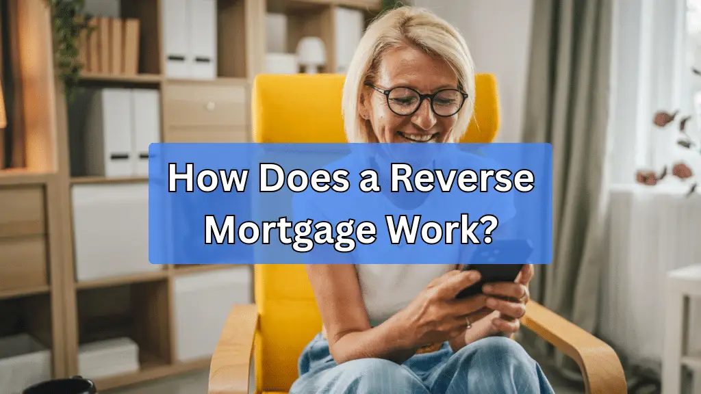 Senior woman sitting comfortably in a chair, researching reverse mortgages on her phone